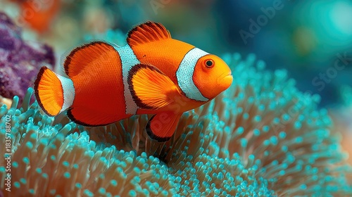 Fototapeta Naklejka Na Ścianę i Meble -  Vibrant clownfish swims among coral reef underwater scene marine life