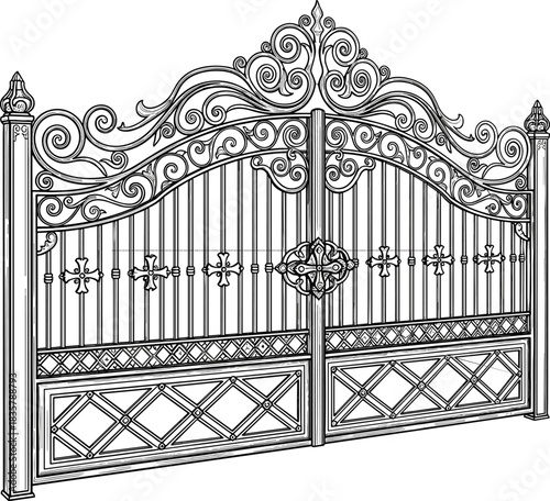 Elaborate wrought iron gate hand-drawn illustration, classic ornate decorative architecture, vintage fence entrance metalwork design element, perspective sketch.
