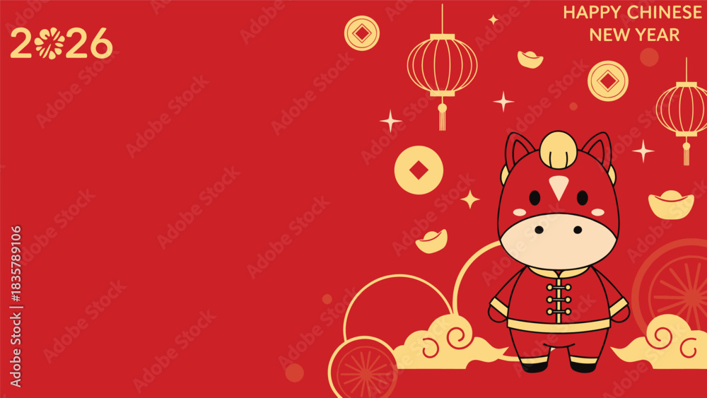Fototapeta premium Cartoon ox in red and gold traditional clothing, celebrating Chinese New Year with lanterns, golden coins, and decorative elements.