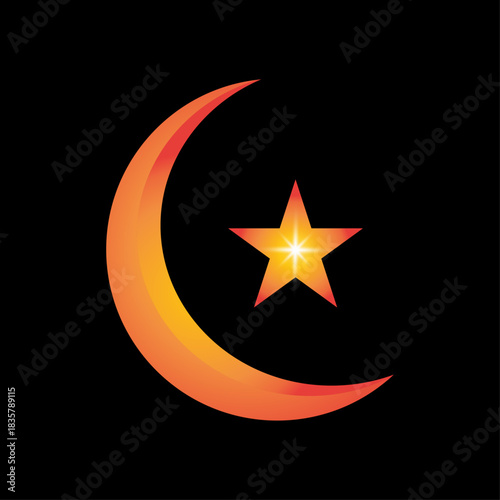 Islamic crescent moon and star icon, cultural religious symbol representing faith, spirituality, tradition, and sacred Islamic identity design