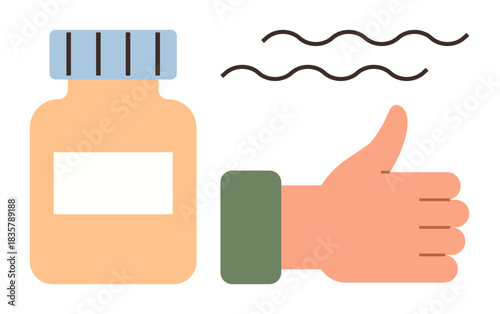 Medicine jar next to approval signified by thumbs-up hand and wavy lines. Ideal for healthcare, product quality, wellness, satisfaction, validation, endorsement, medical concept. Simple flat metaphor