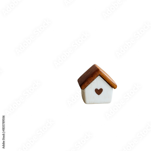 Wooden house heart charm miniature cozy home ornament on transparency background with warm light and rustic roof