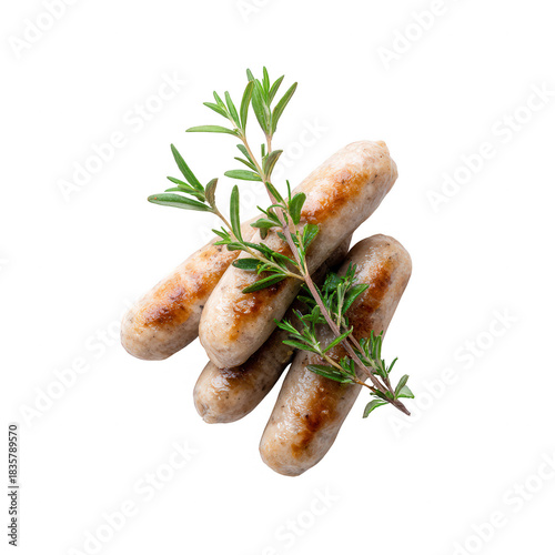 Grilled sausage with fresh rosemary garnish on transparency background, savory cooked meat and herb served for meal enjoyment