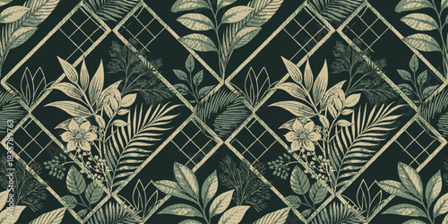 Elegant botanical pattern featuring lush greenery and delicate flowers in a diamond arrangement.