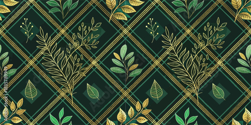 Elegant green patterned fabric with golden botanical illustrations and a diamond grid design.