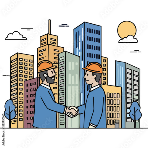 Two construction workers in hard hats shake hands in front of a cityscape with modern high rise buildings under a bright sun and clouds