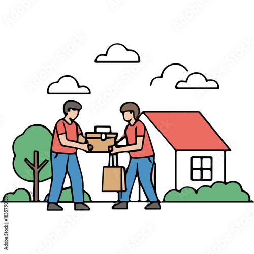 Two Delivery Men Transferring a Package Outside a House Under a Red Roof with Green Trees and Bushes in the Background Under a Cloudy Sky During the Daytime