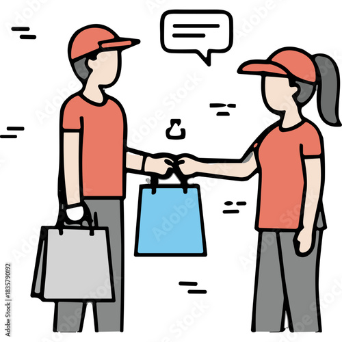 Two delivery workers in matching orange shirts and caps exchange shopping bags one holding a grey bag and the other a blue bag illustrating package handoff and service