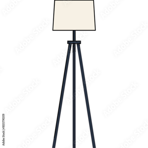 Modern Tripod Floor Lamp with Cream Lampshade and Dark Gray Legs in Minimalist Design Isolated on Black Background