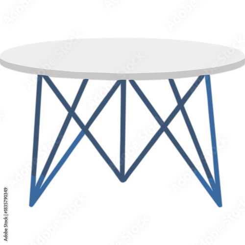 Modern White Round Table with Blue Geometric Metal Legs Minimalist Design Against Black Background