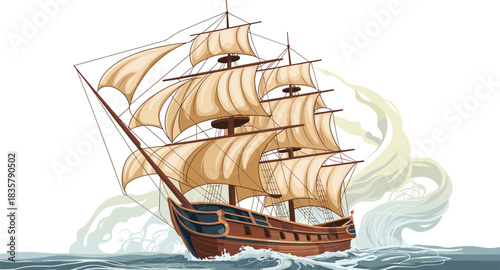sailing ship, ocean waves, historical vessel, maritime transport, nautical adventure, wind-powered boat, cad drawing flat vector illustration