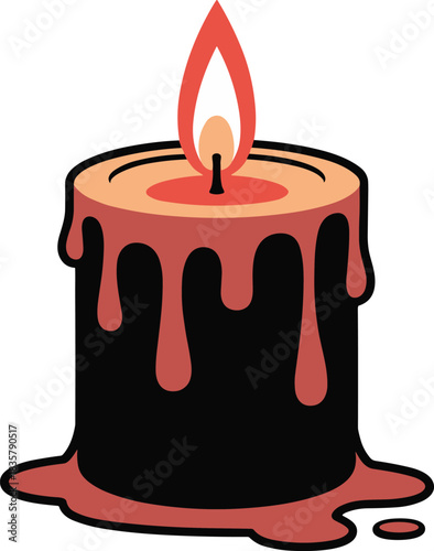 black candle, red wax, melting flame, spooky decor, Halloween light, gothic style, cad drawing flat vector illustration