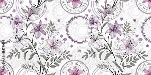 Elegant floral pattern featuring soft purple blooms with circular designs, perfect for textile or wallpaper.