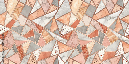 Abstract geometric pattern featuring soft hues of peach, gray, and cream with intricate triangular shapes.