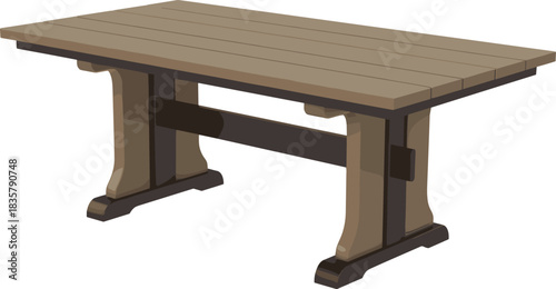 wooden table, rustic furniture, pedestal legs, plank top, dining table, support beam, interior decor, cad drawing flat vector illustration