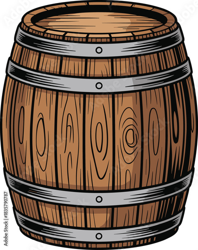 wooden barrel, rustic container, vintage keg, oak cask, metal bands, storage vessel, wine barrel, beer keg, traditional woodwork, cad drawing flat vector illustration