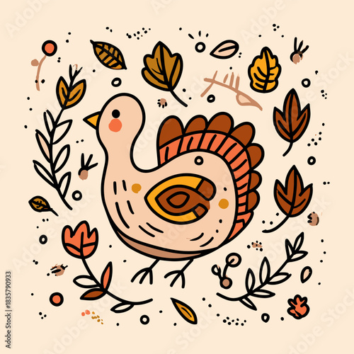 Cute cartoon turkey bird surrounded by autumn leaf and flower doodle