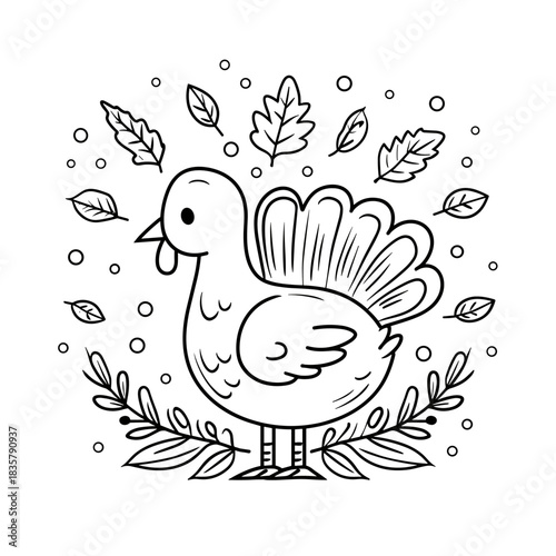 Cute cartoon turkey coloring page with autumn leaf border