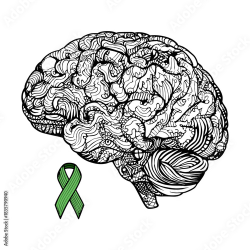 Detailed doodle style human brain illustration with green awareness ribbon