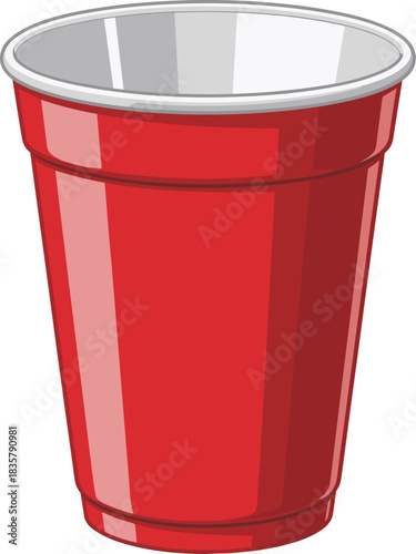 Red plastic cup, party drinkware, disposable tumbler, beverage container, glossy surface, event supplies, vector art, flat design, casual gathering, drink holder