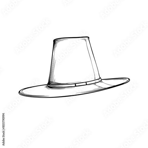 Black and white sketch of a pilgrim hat