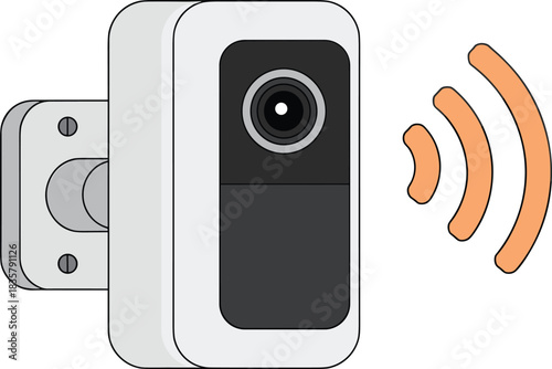 Smart security camera, wireless signal, surveillance device, wall mounted, modern tech, home safety, vector art, flat design, digital monitoring, protection gear