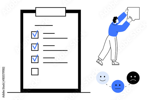 Task management concept. Checklist, user completing tasks, and feedback emotions convey organization and progress in task management. For productivity, project planning, team management, evaluations