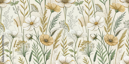 Delicate floral pattern featuring soft white and yellow flowers intertwined with green leaves.