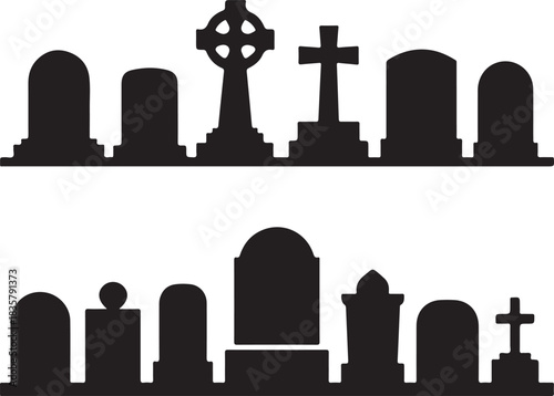 Set of Tombstones in Silhouette Shape on Transparent Background Memorial Gravestone Burial Stone Marble Slab Headstone Cemetery and Graveyard