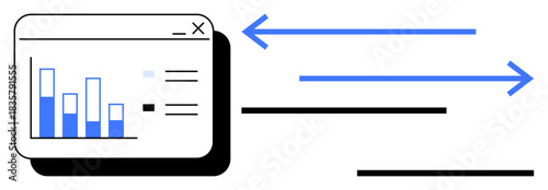 Bar chart in a web window with arrows indicating movement or data flow. Ideal for analytics, workflow, management, performance, planning, strategy, teamwork, simple flat metaphor