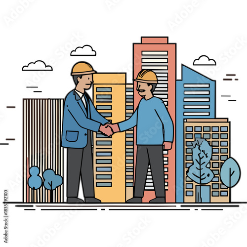 Two male architects wearing hard hats shake hands in agreement in front of a city skyline with modern buildings and trees under a cloudy sky with minimalist style and flat design elements