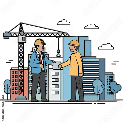 Two male construction workers shaking hands in agreement in front of a cityscape with cranes and buildings under construction during daytime with flat design illustration