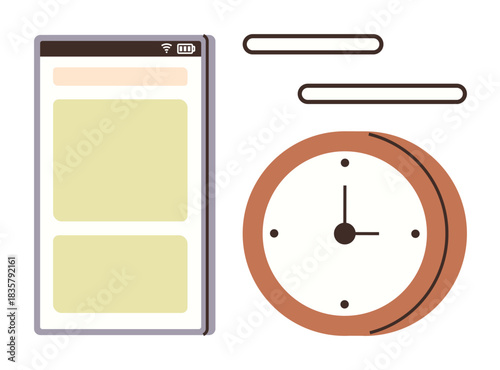 Smartphone screen displays app interface alongside a clock indicating scheduling and efficiency. Ideal for time management, productivity, planning, deadlines, organization, efficiency, focus. Simple