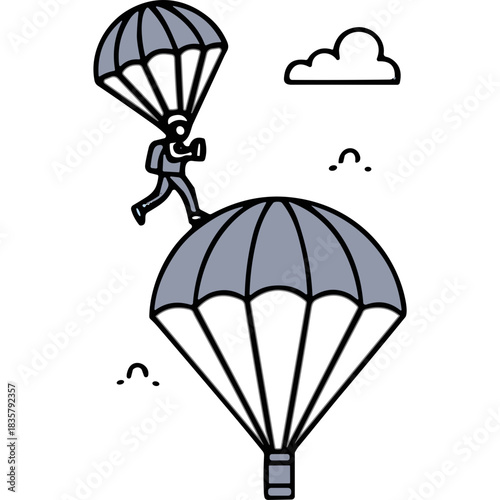 Two parachutes descending from sky with a stick figure person in a backpack in mid air with clouds and black background symbolizing extreme sports adventure and skydiving activity