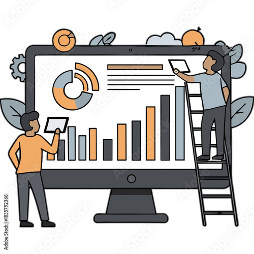 Two People Analyzing Financial Data Charts and Graphs on a Large Computer Screen with a Ladder and Tablet in a Stylized Illustration with Orange and Gray Tones