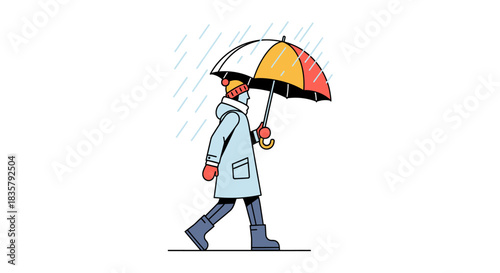Cartoon character in colorful attire walks during rainfall holding an umbrella for protection