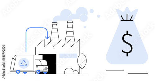 Recycling truck unloading at factory with a focus on environmental sustainability and financial benefits. Ideal for recycling, waste management, industry, economy, profit, environment, and resource