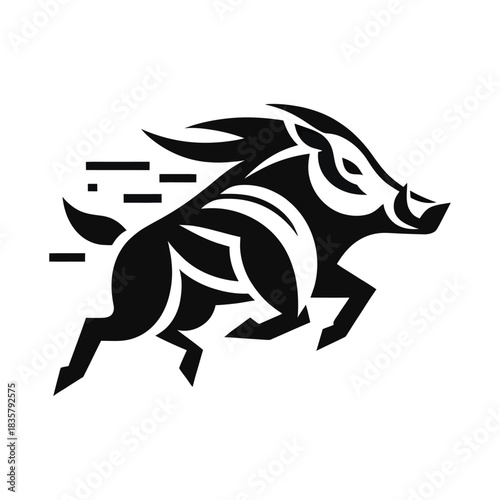 Dynamic tribal wild boar running icon in bold black vector style, featuring sharp stylized lines, strong movement, and an aggressive animal pose