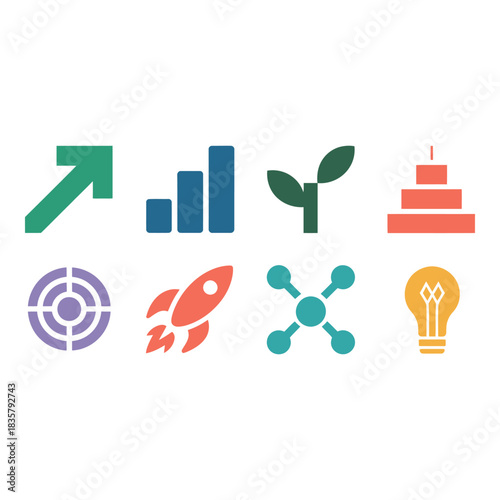 Collection of business and growth related icons in flat design