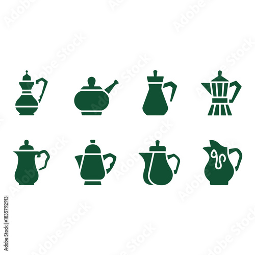 Collection of diverse green teapots and coffee pots silhouettes