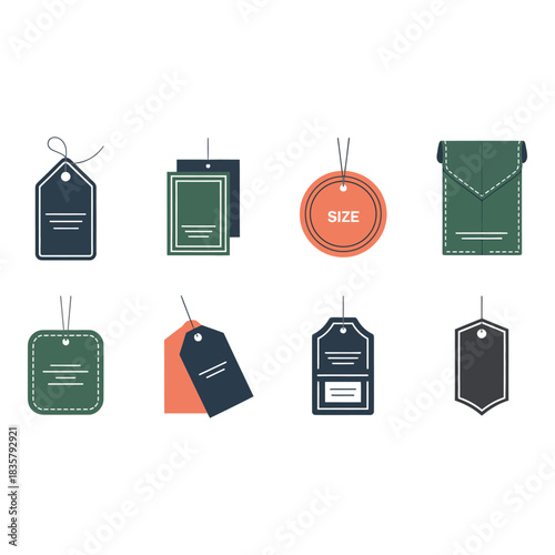 Collection of diverse hanging price tags and labels