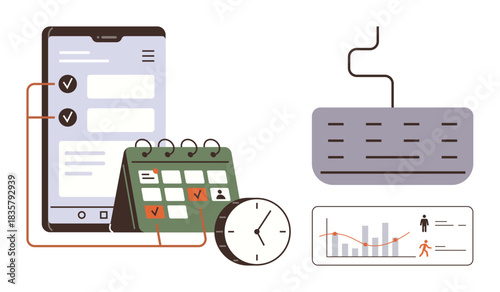 Tablet with checklist, desk calendar, clock, keyboard, and analytics chart. Ideal for task management, productivity, time tracking scheduling planning business workplace tools. Simple flat