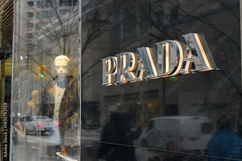 Fototapeta premium exterior of Prada, a clothing store, located at 131 Bloor St W, Unit 105, floor 1, The Colonnade on Bloor, Toronto