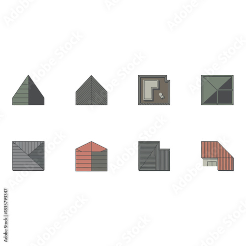 Architectural diagrams of building roofs and structures