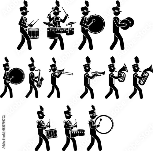 Marching Band Musicians Playing Percussion and Brass Instruments Stick Figures