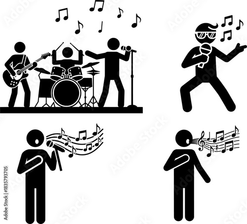 Music Band, Concert Performance, and Solo Singer Stick Figures Set