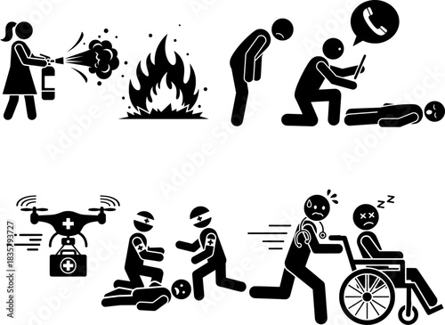 Emergency First Aid Rescue Procedures and Medical Response Stick Figures Icon Set