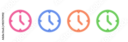 Neon glowing clock vector icons set, time, schedule, deadline, watch, punctual, vibrant colorful digital design illustration on transparent background.
