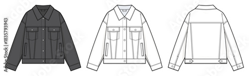 Classic Denim Jacket Technical Fashion Illustration. Regular-Fit Jean Jacket Vector Template. Front and Back Views with Button Closure. Women’s Outerwear CAD Mockup.