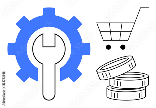 E-commerce, financial growth, shopping, online services, system maintenance, business solutions. Gear and wrench, shopping cart and coins are . E-commerce and financial growth concept